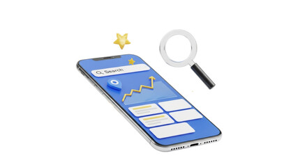 A sleek, frameless 3D smartphone angled, screen shows minimalist search bar, location pin, data graph, cards. Floating translucent magnifying glass, yellow stars on white studio background, soft