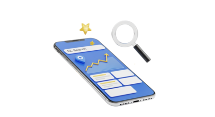 A sleek, frameless 3D smartphone angled, screen shows minimalist search bar, location pin, data graph, cards. Floating translucent magnifying glass, yellow stars on white studio background, soft