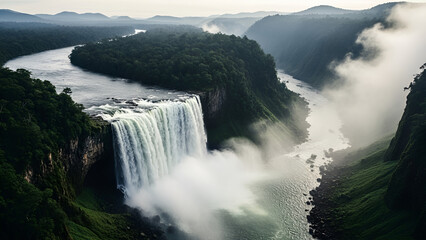 Aerial view of a vast, powerful waterfall plunging into an emerald river amidst ancient rainforests and dramatic mist. Perfect for travel, adventure tourism, nature documentaries,