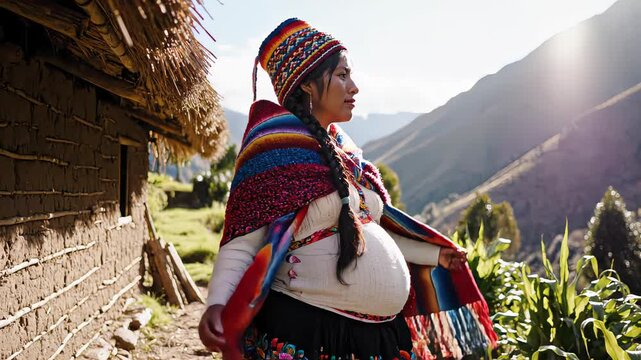Sunlit woman in colorful woven poncho and chullo by an adobe hut, side profile to a bright mountain valley with crops in foreground, concept of mountain village lifestyle