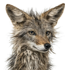 Obraz premium PNG of Detailed close-up of a coyote's face, showcasing its expressive eyes and textured fur.