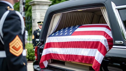 American m
ilitary honor guard stands beside hearse displaying flag-draped casket during solemn ceremony, showcasing respect and tribute to the deceased. funeral concept of military soldiers