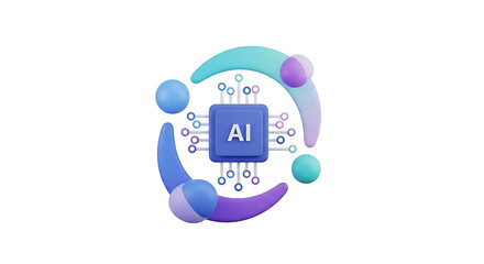 A stylized ai chip surrounded by colorful abstract shapes on a clean white background render