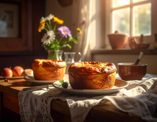 Golden baked souffl&eacute; cakes served on plates with fresh fruit and flowers