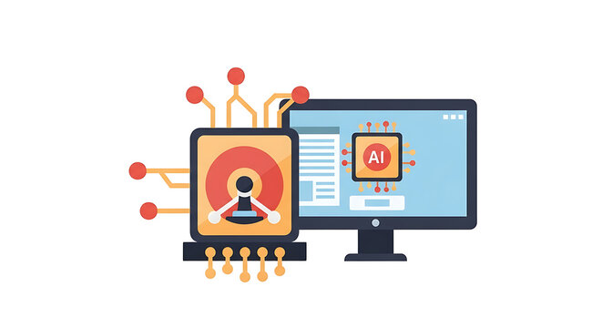Illustration of a computer screen with ai chip and a separate chip with circuitry design - Powered by Adobe
