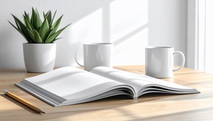 A bright still-life featuring an open book, two mugs, a plant, and a pencil on a wooden surface