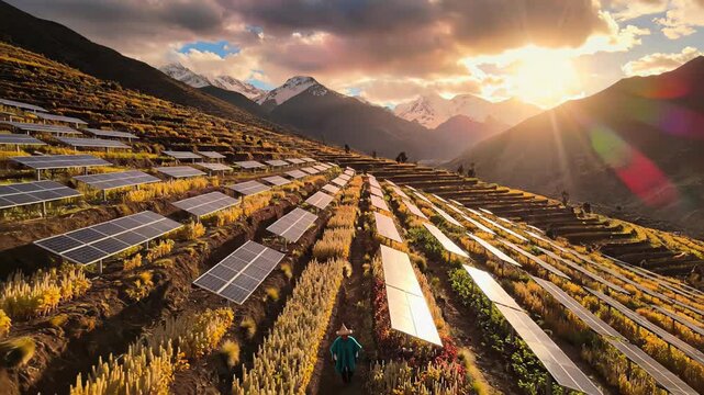 Individual walking through solar panel field at sunset, showcasing renewable energy landscape with vibrant flora and majestic mountains in background. agrovoltaic