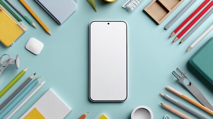 Smartphone with blank screen amidst office flat lay