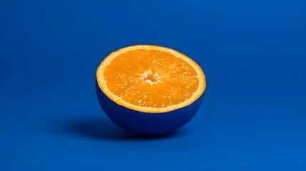 A high-contrast photo of a halved orange with a vibrant blue outer peel, resting on a matching solid blue background. The bright orange interior flesh is exposed and centered.