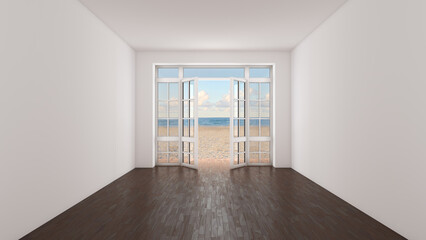 White Empty Room with Dark Parquet Flooring Overlooking the Sea. Interior without Furniture with Open Doors Overlooking the Ocean, Yellow Sand and Clouds. 3D Render, 8K Ultra HD, 7680x4320, 300 dpi