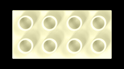 Cream Plastic Building Block Isolated on a Black Background. Close Up View of a Plastic Children Game Brick for Constructors, Top View. High Quality 3D Rendering with a Work Path. 8K Ultra HD
