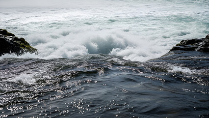 Dynamic close-up of a waterfall's frothy, churning base, intense water motion with visible droplets and cool tones, dramatically backlit. Excellent for environmental advocacy, wellness media,