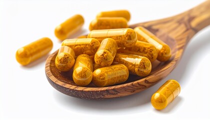 Golden turmeric capsules spilling from a wooden spoon against a bright white backdrop
