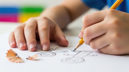 Child's hands drawing with pencil on paper