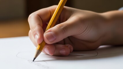 Close-up of a hand drawing with a yellow pencil on white paper