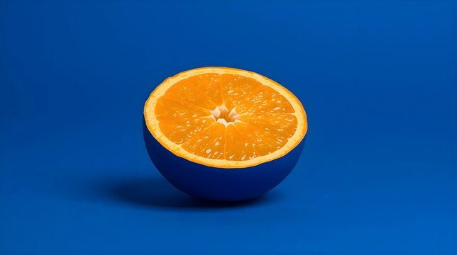 A high-contrast photo of a halved orange with a vibrant blue outer peel, resting on a matching solid blue background. The bright orange interior flesh is exposed and centered.