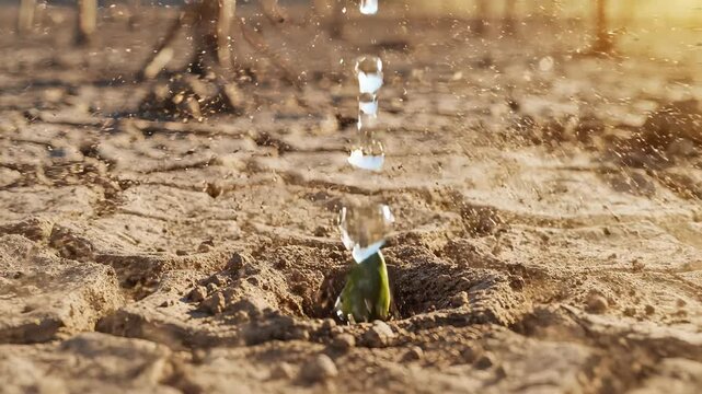 Water droplet falling onto cracked earth, nurturing a green sprout emerging from dry soil, showcasing resilience and growth in harsh conditions. global drought timelapse