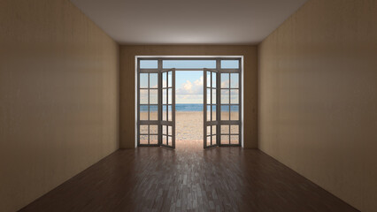 Empty Interior with Beige Plastered Walls, Dark Parquet Floor and Open Glass Doors Overlooking the Sea. Yellow Sand and Clouds. 3D illustration, 8K Ultra HD, 7680x4320, 300 dpi