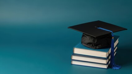 Stack of books with graduation cap on top against teal background