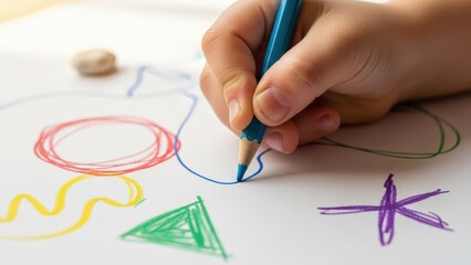 Child's hand drawing with blue pencil on colorful artwork