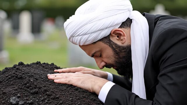 Muslim man, in a white turban, bows over a fresh grave mound in a green cemetery, hands on dark soil, blurred tombstones behind, respectful mourning ritual at a burial, somber funeral atmosphere