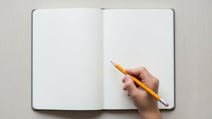 Hand holding pencil over open notebook on wooden desk