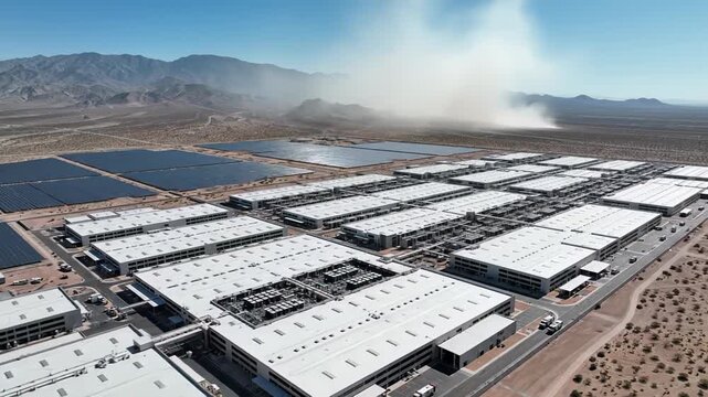 Aerial view of hyperscale data center with white roofs and rooftop hvac beside vast solar arrays in a dusty desert valley under heat haze, concept of green computing in arid climate