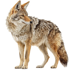 Fototapeta premium PNG of Close-up of a majestic coyote standing gracefully with its fur glistening in the light.