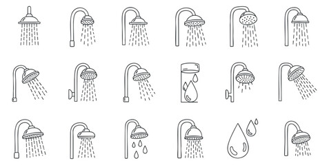 A collection of shower and water droplet icons in minimalist outline vector style, perfect for bathroom design and hygiene concepts