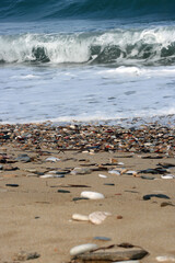 Stunning serene relaxing sandy beach with waves, travel themes.