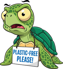 Cartoon turtle holding plastic-free sign with concerned expression
