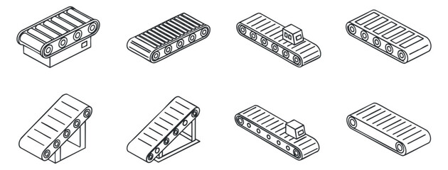 A set of conveyor belt icons in black and white outline vector style, perfect for industrial design and logistics projects