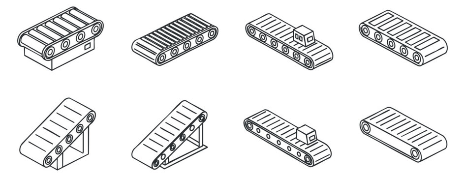 A set of conveyor belt icons in black and white outline vector style, perfect for industrial design and logistics projects