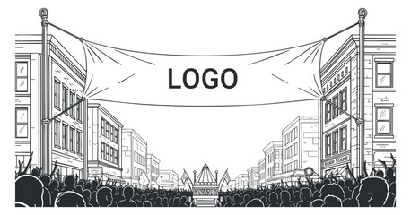 A city street scene with a large banner labeled 'LOGO' in a detailed lineart vector style, ideal for marketing and branding projects