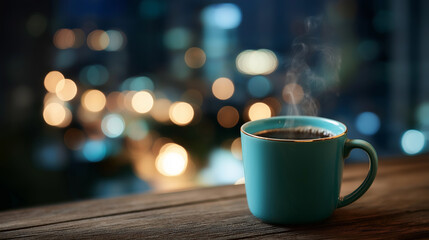 Obraz premium Teal colored coffee mug with rising steam on rustic wooden table surface positioned near window with defocused colorful city lights bokeh background morning beverage ritual urban