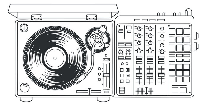 A turntable with vinyl record and DJ mixer in black and white outline vector style, perfect for music and entertainment designs