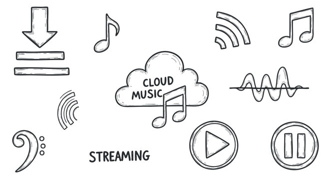 A collection of music-themed icons including cloud music, notes, and streaming symbols in black and white minimalist vector style, ideal for digital media design