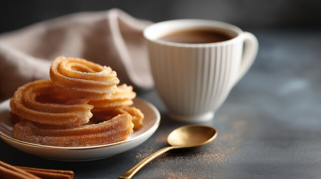 Plate of golden crispy churros coated in cinnamon sugar with ridged texture traditional Spanish dessert sweet fried pastry treat indulgent carnival food Latin American delicacy