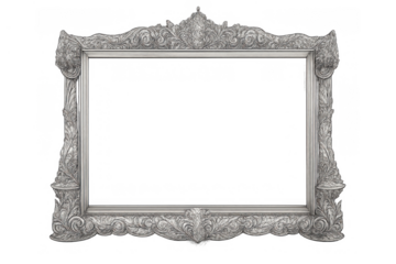 Ornate silver frame creating a luxurious border, baroque style decorating an empty space, vintage elegance with transparent background