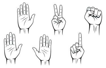 Fototapeta premium A collection of hand gestures including open palm, peace sign, and fist in black and white outline vector style, suitable for communication and design projects