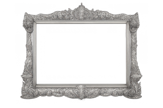 Ornate silver frame creating a luxurious border, baroque style decorating an empty space, vintage elegance with transparent background - Powered by Adobe