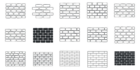 A set of brick wall patterns in black and white outline vector style, suitable for architectural design and backgrounds