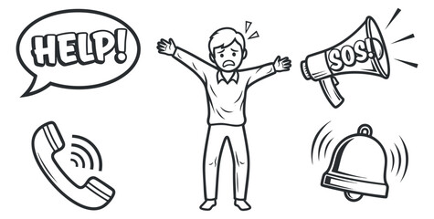 A distressed person calling for help with SOS signals in black and white vector illustration, ideal for emergency communication designs