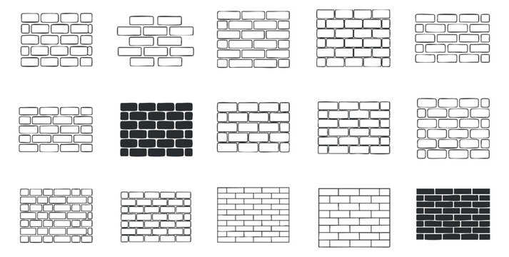 A set of brick wall patterns in black and white outline vector style, suitable for architectural design and backgrounds