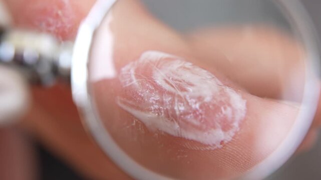 Medicine therapy for patient with acute eczema on toe, view through the magnifying glass on inflamed skin surface covered with white dense steroid ointment for symptoms relief, serious dermatological