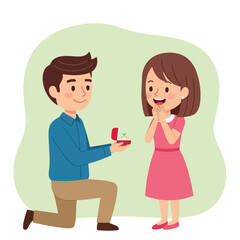 Fototapeta premium Colorful vector art of man kneeling and proposing with engagement ring to smiling woman in pink dress with green background