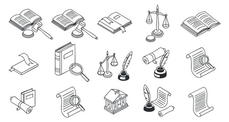 A collection of legal icons including books, scales, gavel, and documents in clean outline vector style, suitable for law-related projects