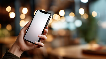 Faceless hand holding modern smartphone with pristine blank white screen mockup template in hand mobile device display digital communication tool technology template for app sho