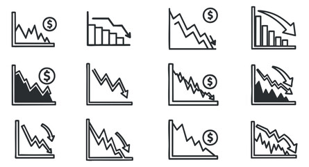 A collection of financial decline graphs and charts in black and white outline vector style, suitable for financial reports and presentations