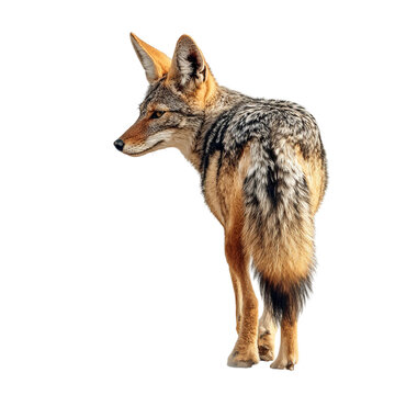 PNG of A side profile of a coyote with detailed fur patterns in a natural pose.
